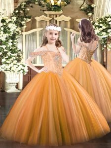 Orange Tulle Lace Up Off The Shoulder Sleeveless Floor Length Pageant Dress Toddler Beading