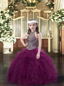 Purple Organza Lace Up Pageant Dress Wholesale Sleeveless Floor Length Beading and Ruffles