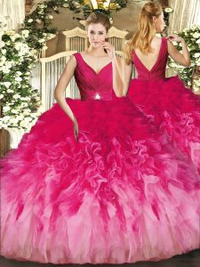V-neck Sleeveless Quinceanera Dress Floor Length Beading and Ruffles Multi-color Tulle