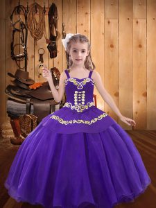 Nice Organza Straps Sleeveless Lace Up Embroidery Pageant Dress in Eggplant Purple