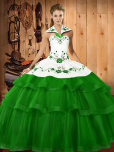 Green Lace Up Quince Ball Gowns Embroidery and Ruffled Layers Sleeveless Sweep Train