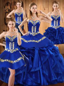 Elegant Royal Blue Ball Gowns Embroidery and Ruffles Sweet 16 Dresses Lace Up Organza Sleeveless Floor Length