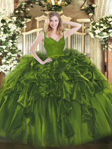 Wonderful Sleeveless Organza Floor Length Backless Sweet 16 Quinceanera Dress in Olive Green with Beading and Lace and Ruffles