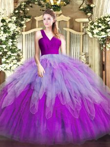 Top Selling Multi-color Quinceanera Dresses Military Ball and Sweet 16 and Quinceanera with Ruffles V-neck Sleeveless Zipper