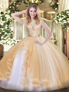 Champagne Organza Backless Quinceanera Dresses Sleeveless Floor Length Lace and Ruffles