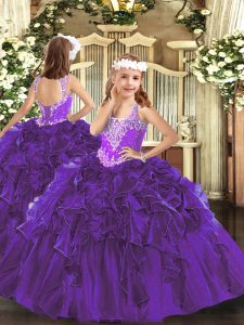Nice Purple V-neck Lace Up Beading and Ruffles Little Girls Pageant Gowns Sleeveless
