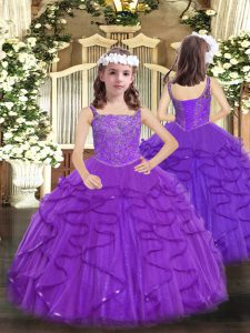 Exquisite Purple Lace Up Straps Beading and Ruffles Evening Gowns Tulle Sleeveless