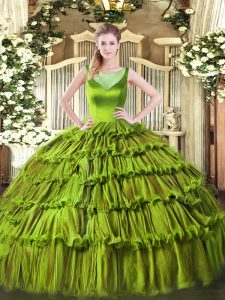 Captivating Olive Green Side Zipper Scoop Beading and Ruffled Layers Military Ball Gowns Organza Sleeveless