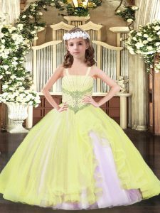 Trendy Light Yellow Tulle Lace Up Child Pageant Dress Sleeveless Floor Length Beading