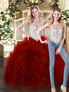 Floor Length Wine Red Quinceanera Gowns Tulle Sleeveless Beading and Ruffles