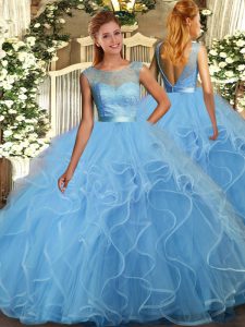 High End Aqua Blue Ball Gowns Ruffles 15th Birthday Dress Backless Organza Sleeveless Floor Length