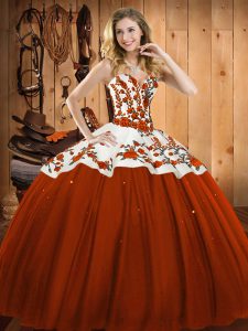 Fantastic Rust Red Ball Gowns Sweetheart Sleeveless Satin and Tulle Floor Length Lace Up Embroidery Quinceanera Gown