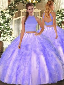 Sleeveless Floor Length Beading and Ruffles Backless Quince Ball Gowns with Lavender