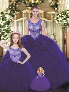 Dark Purple Tulle Lace Up Quinceanera Dress Sleeveless Floor Length Beading and Ruffles