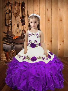 Eggplant Purple Sleeveless Embroidery and Ruffles Floor Length Little Girls Pageant Dress Wholesale