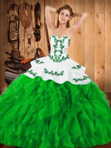Adorable Green Ball Gowns Strapless Sleeveless Satin and Organza Floor Length Lace Up Embroidery and Ruffles 15th Birthday Dress