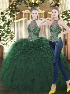 Discount Organza High-neck Sleeveless Lace Up Beading and Ruffles Sweet 16 Dress in Dark Green