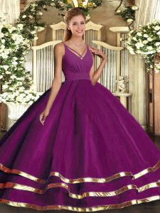 Clearance Floor Length Backless Sweet 16 Dresses Purple for Sweet 16 and Quinceanera with Ruffled Layers