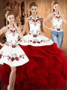 Adorable Wine Red Quinceanera Gowns Military Ball and Sweet 16 and Quinceanera with Embroidery and Ruffles Halter Top Sleeveless Lace Up