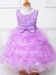Tea Length Lilac Kids Pageant Dress Scoop Sleeveless Zipper