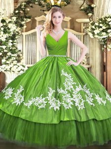 Sleeveless Tulle Floor Length Zipper Quinceanera Gowns in Olive Green with Beading and Appliques