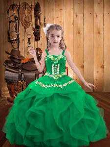 Turquoise Lace Up Straps Embroidery and Ruffles Pageant Gowns For Girls Organza Sleeveless