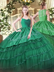 Edgy Sleeveless Floor Length Embroidery and Ruffled Layers Zipper 15th Birthday Dress with Green