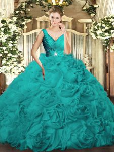 Decent Sleeveless Fabric With Rolling Flowers Floor Length Backless Vestidos de Quinceanera in Turquoise with Beading and Ruching