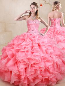 Watermelon Red Organza Lace Up Sweet 16 Dress Sleeveless Floor Length Beading and Ruffles