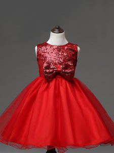 Red Scoop Neckline Sequins and Bowknot Kids Pageant Dress Sleeveless Zipper