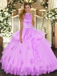 Lilac Ball Gowns Halter Top Sleeveless Tulle Floor Length Backless Beading and Ruffles Ball Gown Prom Dress