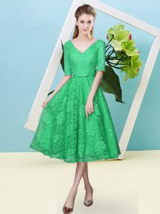 Empire Damas Dress Turquoise V-neck Lace Half Sleeves Tea Length Lace Up