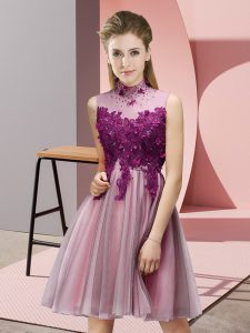 Graceful Baby Pink Empire Appliques Court Dresses for Sweet 16 Lace Up Tulle Sleeveless Mini Length