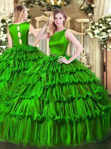 Smart Floor Length Clasp Handle Military Ball Dresses Green for Military Ball and Sweet 16 and Quinceanera with Ruffled Layers