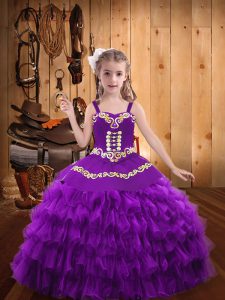 Purple Organza Lace Up Pageant Dresses Sleeveless Floor Length Beading and Embroidery and Ruffled Layers