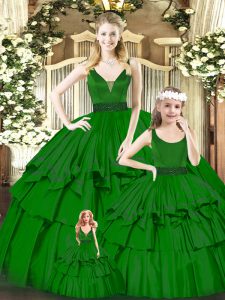 Exquisite Organza V-neck Sleeveless Zipper Beading and Ruffled Layers Sweet 16 Dresses in Green