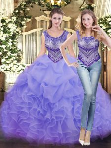 New Arrival Sleeveless Tulle Floor Length Lace Up Sweet 16 Quinceanera Dress in Lavender with Beading and Ruffles
