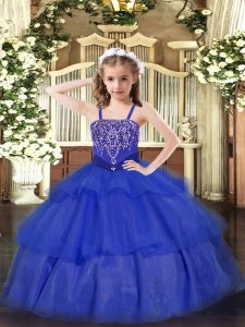 Pretty Floor Length Royal Blue Evening Gowns Straps Sleeveless Lace Up