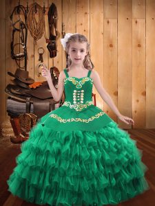 Turquoise Lace Up Glitz Pageant Dress Embroidery and Ruffled Layers Sleeveless Floor Length