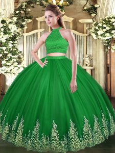 Beading and Appliques Sweet 16 Dresses Green Backless Sleeveless Floor Length