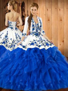 Sleeveless Satin and Organza Floor Length Lace Up 15 Quinceanera Dress in Blue with Embroidery and Ruffles