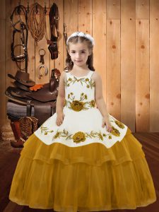 Gold Ball Gowns Organza Straps Sleeveless Embroidery and Ruffled Layers Floor Length Lace Up Pageant Gowns For Girls