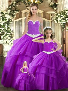 Sweetheart Sleeveless Sweet 16 Dress Floor Length Ruching Purple Tulle