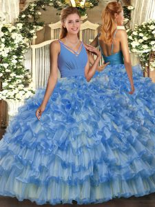 Luxurious Sleeveless Backless Floor Length Beading and Ruffled Layers Military Ball Gown