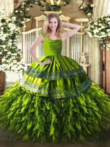 Customized Olive Green Sleeveless Floor Length Beading and Ruffles Zipper 15 Quinceanera Dress