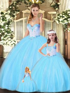 Delicate Aqua Blue Ball Gowns Sweetheart Sleeveless Tulle Floor Length Lace Up Beading Quinceanera Dress