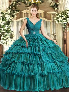 V-neck Sleeveless Organza Quinceanera Gowns Beading and Ruffled Layers Backless