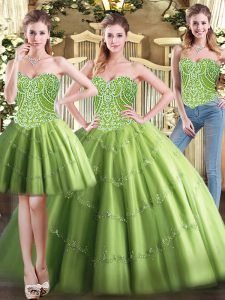 Beading 15 Quinceanera Dress Olive Green Lace Up Sleeveless Floor Length