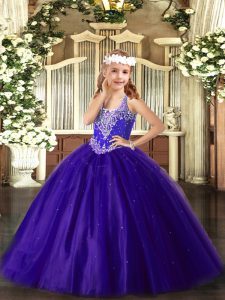 Sleeveless Tulle Floor Length Lace Up Pageant Dress Toddler in Purple with Beading
