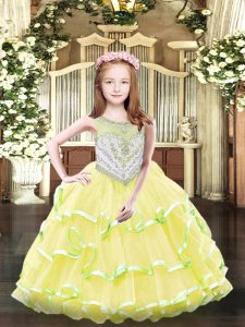 Yellow Sleeveless Beading and Ruffled Layers Floor Length Kids Pageant Dress